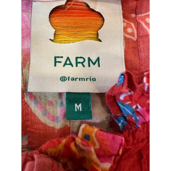 FARM Rio Mystic Bush Ruffled Blouse Floral Bird Print Button Front Ruffled Red M - Picture 8 of 16